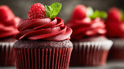 Decadent chocolate cupcakes with rich red frosting topped with fresh raspberries and vibrant green mint leaves beautifully arranged in soft focus background