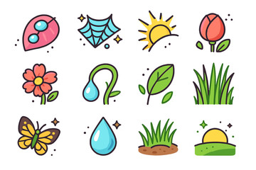 Obraz premium Colorful Morning Dew Icons. Morning dew and blossoms. Colorful isometric vector icons set of Morning dew and blossoms: dew drops on petal, spiderweb glisten,