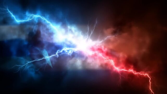 A dramatic image shows lightning striking in a split-screen effect with blue and red hues