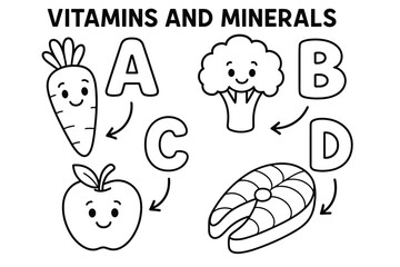 Fototapeta premium Vitamins Coloring Fun. Vitamins and minerals children?s coloring book illustration, outlined drawing, smiling letter icons like A, B, C, D next to friendly