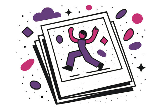 Vintage Photographic Memories. Dusty Photograph. Stack of dusty photographs with floating abstract geometric dust particles, vintage and nostalgic scene.