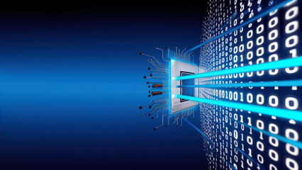 An abstract, futuristic digital composition depicting a microchip (processor) with connected circuits, immersed in a binary code environment and emitting light.