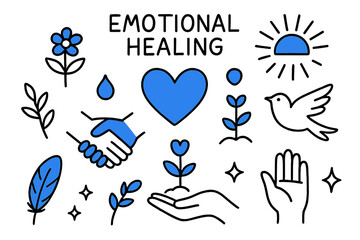 Emotional Healing Symbols. // Emotional healing. Hand-drawn doodle illustration Emotional healing [hands clasped (accented), heart (accented), flower sprout