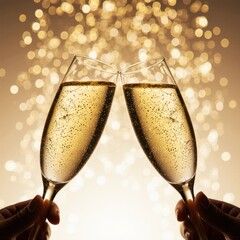 Two elegant champagne flutes toasting in a festive ambiance, symbolizing joy, success, and celebration.
