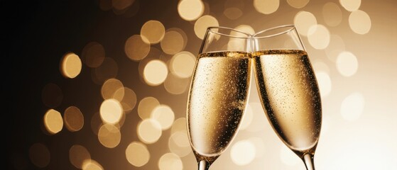 Two elegant champagne flutes toasting in a festive ambiance, symbolizing joy, success, and celebration.