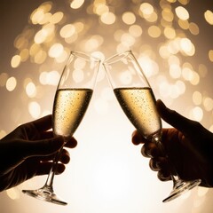 Two elegant champagne flutes toasting in a festive ambiance, symbolizing joy, success, and celebration.