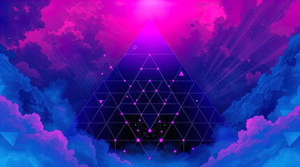 An abstract digital composition consisting of colorful triangular shapes connected by lines on a dark background, in vibrant neon shades of pink, blue and turquoise, giving it a futuristic look.