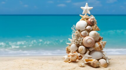 Beautiful tropical Christmas tree crafted from seashells, starfish on a pristine sandy beach, vibrant blue ocean backdrop, holiday aesthetics, festive coastal celebration, unique winter vacation.