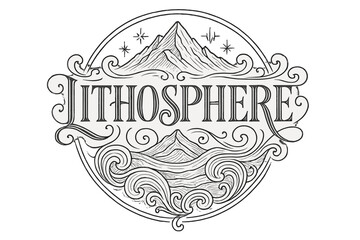 Obraz premium Ornamental Lithosphere Crest. Lithosphere ? Flourish Lettering; classic ornamental serif with medium swashes and restrained curls; circular crest composition