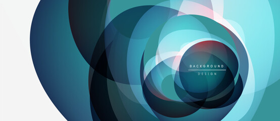 Abstract circles overlap, creating dynamic visual effect. Blue, teal hues dominate design, with white space present. Modern, clean aesthetic.