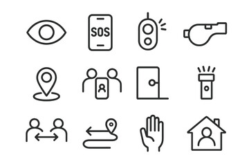 Personal Safety Icons. Personal Safety. Line icon set of Personal Safety: awareness eye, phone SOS, personal alarm, emergency whistle, share location pin,