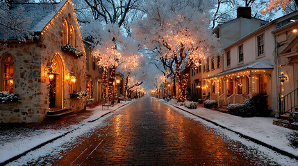 A snowy street lined with houses and trees decorated with christmas lights on a winter evening scene view