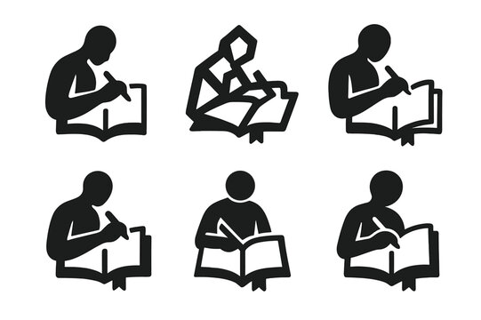 Journaling Emblem Variations. A person journaling their thoughts and reflections for personal growth. Set Logo of A person journaling their thoughts and