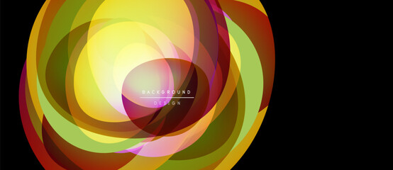 Abstract swirling design. Bright colors blend, creating dynamic circular pattern. Center glows warmly, radiating outward. Modern, vibrant.