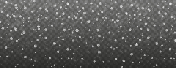 Falling Snowflakes On Transparent Background With Soft White Light Glow. Winter Frost And Christmas Holiday Concept For Greeting Or Overlay Design. Vector Illustration