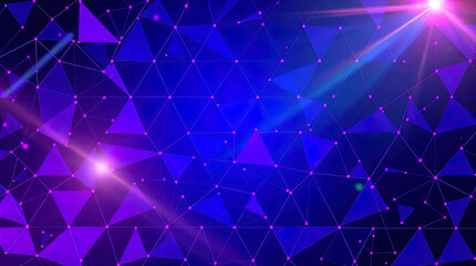 An abstract digital composition consisting of colorful triangular shapes connected by lines on a dark background, in vibrant neon shades of pink, blue and turquoise, giving it a futuristic look.