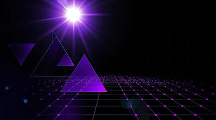 An abstract digital composition consisting of colorful triangular shapes connected by lines on a dark background, in vibrant neon shades of pink, blue and turquoise, giving it a futuristic look.