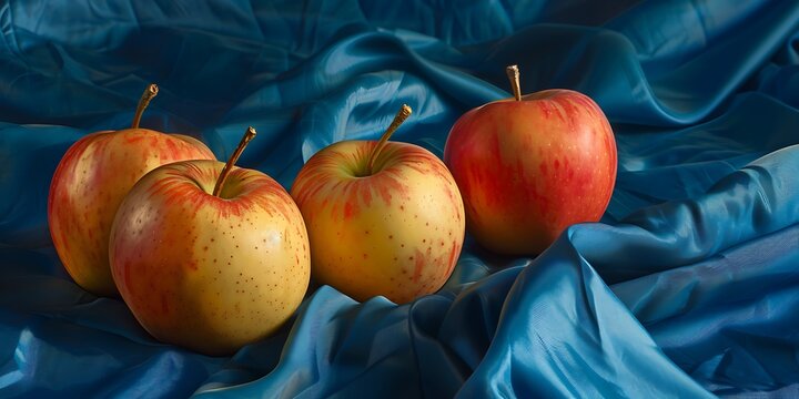 Four ripe apples arranged on luxurious blue satin fabric - Powered by Adobe
