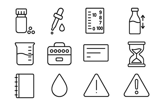 Homeopathy Icon Collection. Homeopathy. Line icon set of homeopathy: small vial, pellets, dropper bottle, dilution scale, succussion bottle, glass beaker,