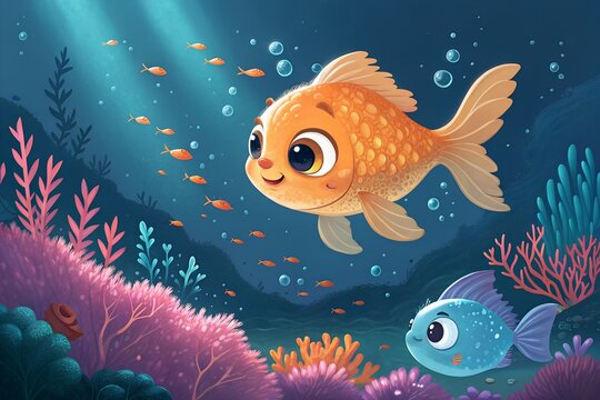 Cartoon goldfish swimming in a vibrant underwater world