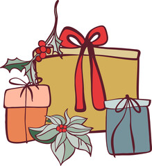 Happy New Year! Merry Christmas! A composition of isolated elements (illustrations) on the theme of the winter holidays in a vintage color scheme. Digital illustration with outline.