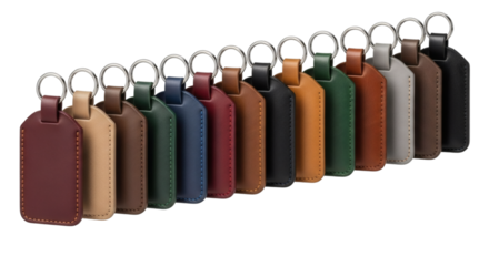 Colorful Multiple Leather Keychains Displayed in a Row Accessory Close-Up