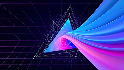 An abstract digital composition consisting of colorful triangular shapes connected by lines on a dark background, in vibrant neon shades of pink, blue and turquoise, giving it a futuristic look.
