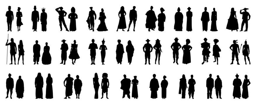 Silhouette of crowd of people around the world in traditional attire