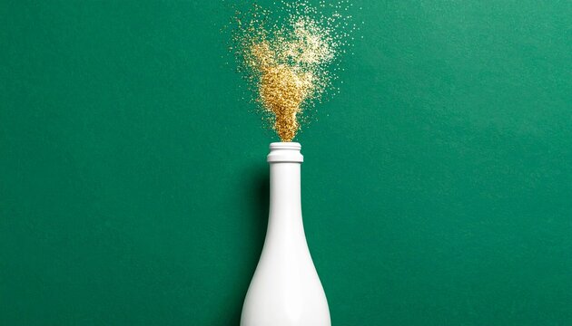 White bottle with golden glitter explosion against green background.