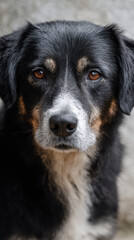 Fototapeta premium Sad dog portrait brown eyes mixed breed black fur white muzzle