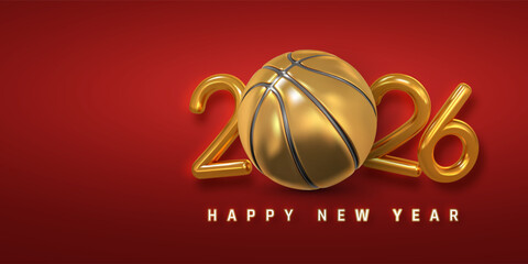 Golden Basketball 2026 New Year Design On Red Background. Sport Celebration Concept With Shiny 3D Numbers And Elegant Holiday Greeting. Vector Illustration