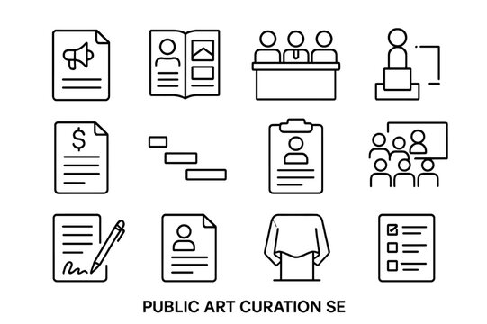 Public Art Icon Set. Public Art Curation. Line icon set of Public Art Curation: open call notice, artist portfolio, selection jury, proposal sketch, budget
