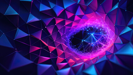 An abstract digital composition consisting of colorful triangular shapes connected by lines on a dark background, in vibrant neon shades of pink, blue and turquoise, giving it a futuristic look.