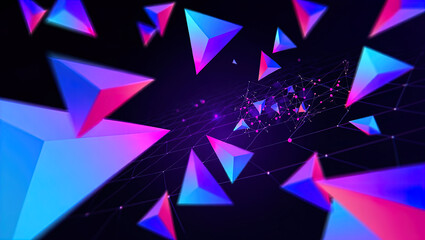 An abstract digital composition consisting of colorful triangular shapes connected by lines on a dark background, in vibrant neon shades of pink, blue and turquoise, giving it a futuristic look.