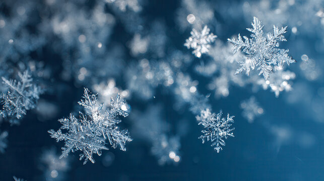 Delicate snowflakes with intricate crystal patterns falling against a soft blue background, showcasing the natural beauty and uniqueness of winter ice formations