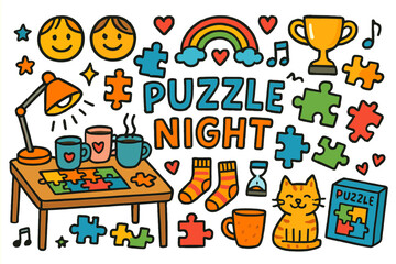 Obraz premium Cozy Puzzle Night. Puzzle night. Colorful Hand-drawn doodle Children illustration Puzzle night jigsaw pieces, table, lamp, mugs, laughing faces, cat, timer,