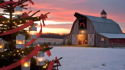 Rustic Christmas tree with lanterns, red ribbons, fairy lights, snowy barn background, stunning pink sunset sky, cozy winter holiday scene, festive rural aesthetics, travel, magical season