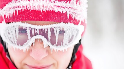 Close-up of person with frosted ski goggles and red hat, covered in ice and icicles, depicting extreme winter cold weather.