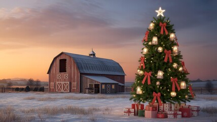 Rustic Christmas tree with gifts, red barn in snowy winter sunset, festive holiday aesthetics, cozy background, happy new year, enchanting seasonal scene.