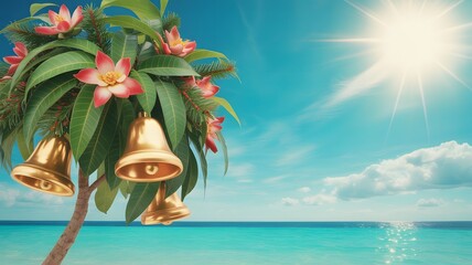 Tropical Christmas bells and festive flowers on a palm tree by the ocean, sunny blue sky, turquoise water, serene holiday aesthetics, perfect background, winter sun vacation vibe