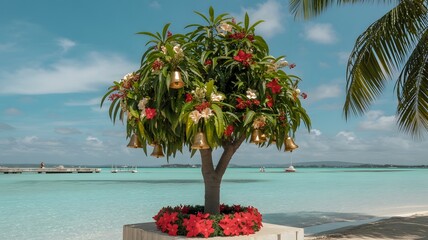 Tropical Christmas tree on a serene beach, adorned with golden bells, red flowers, and poinsettias against turquoise water, blue sky, and a sandy backdrop. Unique holiday aesthetics, vacation vibe.