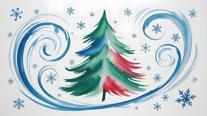 Vibrant watercolor Christmas tree illustration with festive red, blue, green hues, surrounded by swirling patterns and delicate snowflakes. Perfect holiday background, winter aesthetic, cozy greeti