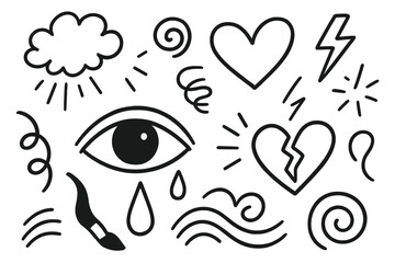 Fototapeta premium Emotional Doodle Icons. Emotional art. Hand-drawn doodle illustration emotional art eye, tear, heart, swirling line, brush, paint stroke, wave, explosion,