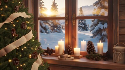 Cozy winter Christmas scene with decorated tree, glowing candles, snowy window view, golden sunset, warm holiday aesthetics, peaceful festive backdrop, happy new year, serene winter wonderland