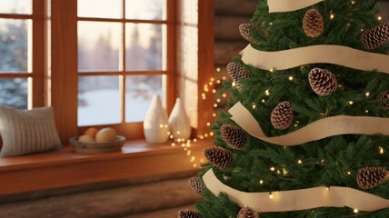 Cozy Christmas tree with twinkling lights, pine cones, rustic ribbon, and a warm winter window view, perfect holiday background, festive home decor, serene winter aesthetics.
