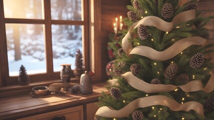 Cozy Christmas tree, rustic pinecones, warm lights, holiday aesthetics, snowy winter window background, festive home decor, peaceful season, celebratory backdrop, charming winter scene, happy new y