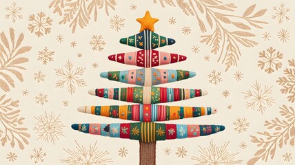 Cozy Christmas tree, colorful knit pattern, holiday aesthetics, festive winter background, happy new year celebration, unique textile design, warm wallpaper, vintage backdrop, joyous holiday season