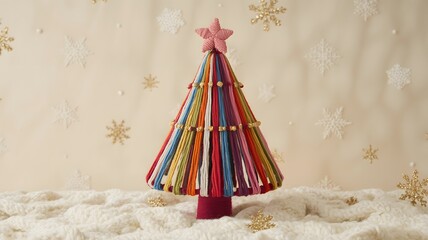 Colorful yarn Christmas tree, cozy winter aesthetic, festive holiday decor, handmade craft, cheerful background, vibrant colors, pink star, golden snowflakes, warm vibes, happy new year