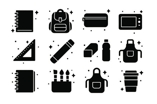Art Student Icons. Art Student Essentials. Solid icons set of Art Student Essentials: sketchbook, backpack, pencil case, drawing tablet, ruler, portfolio tube,