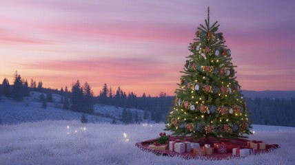 Magical Christmas tree with glowing lights and gifts in a serene, snowy winter landscape under a beautiful pink sunset sky. Perfect festive holiday background, cozy aesthetic, and seasonal wallpape